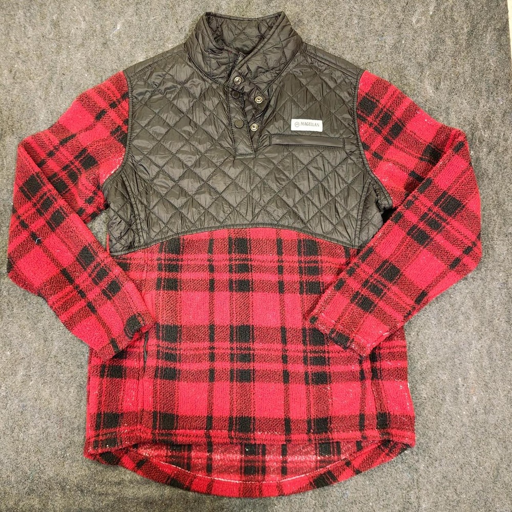 Magellan Outdoors Mens Red Plaid Fleece Pullover Quilted Yoke Snap Neck Size M